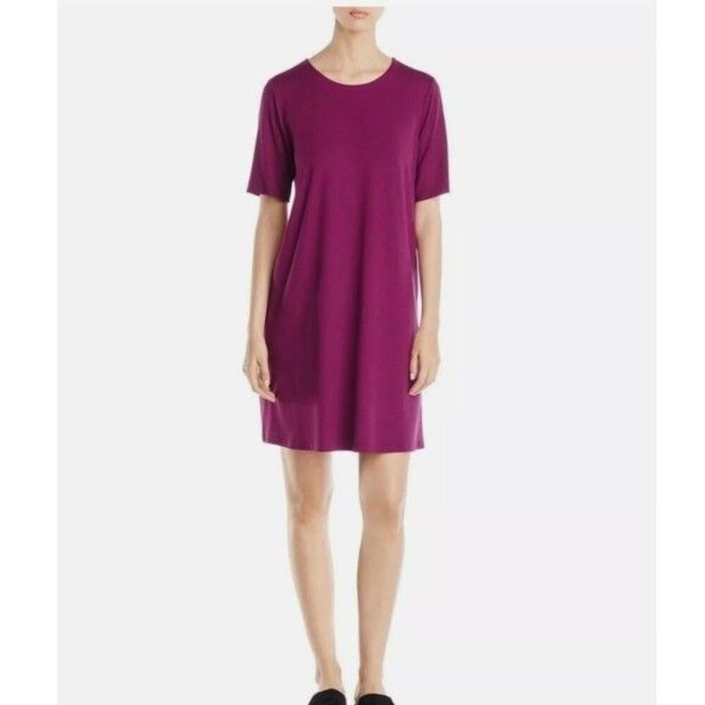 Eileen Fisher Shirt Dress Womens Size Small Elbow Sleeve Jersey Tencel Cranberry